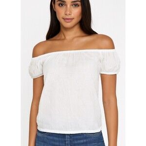 Bebe brand top semi sheer off the shoulder white cropped SZ S/P blouse gauzy